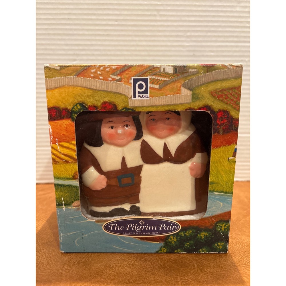 Publix The Pilgrim Pair Collectable Napkin Holder Thanksgiving Ceramic Vintage
